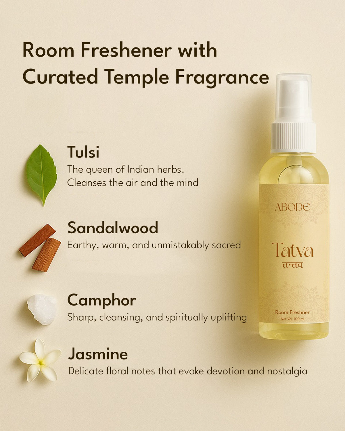ABODE Tatva™ Room Freshener Spray (100ml) | Sacred Temple Fragrance | Spiritual & Calming Aroma