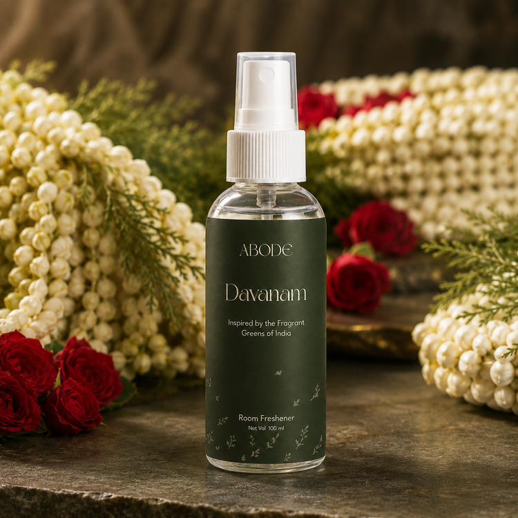 ABODE Davanam Room Freshener Spray | Inspired by Davanam, Maruvam & Temple Garlands | Green Herbal Fragrance for Pooja Room, Living Room & Bedroom | Gas-Free Spray | 100 ml