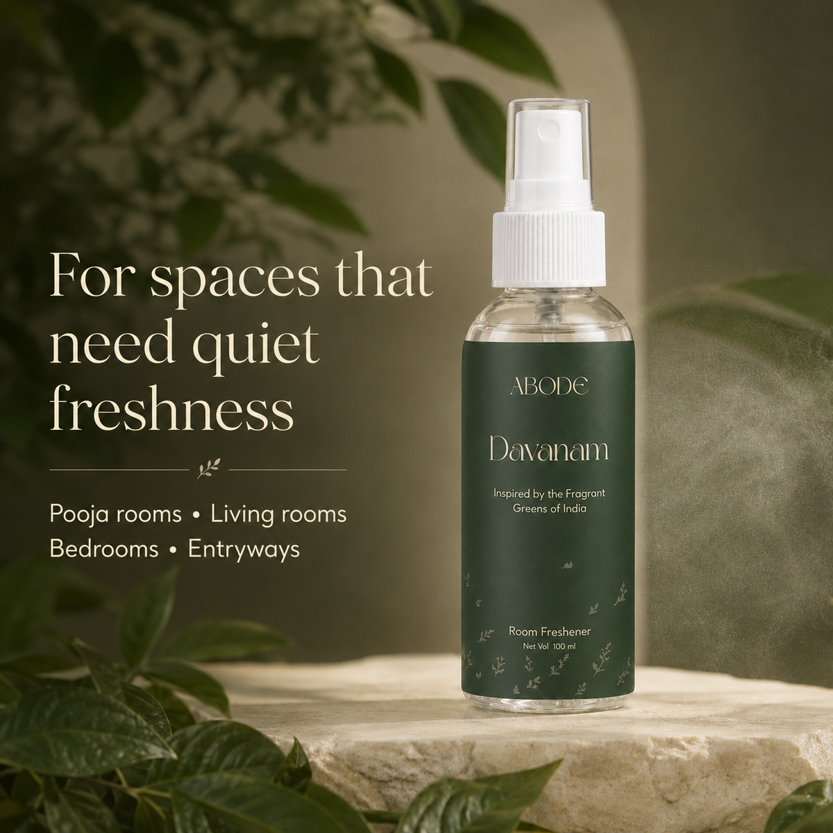 ABODE Davanam Room Freshener Spray | Inspired by Davanam, Maruvam & Temple Garlands | Green Herbal Fragrance for Pooja Room, Living Room & Bedroom | Gas-Free Spray | 100 ml