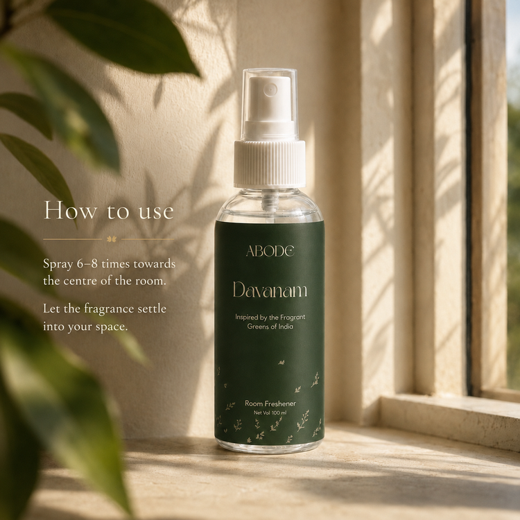 ABODE Davanam Room Freshener Spray | Inspired by Davanam, Maruvam & Temple Garlands | Green Herbal Fragrance for Pooja Room, Living Room & Bedroom | Gas-Free Spray | 100 ml