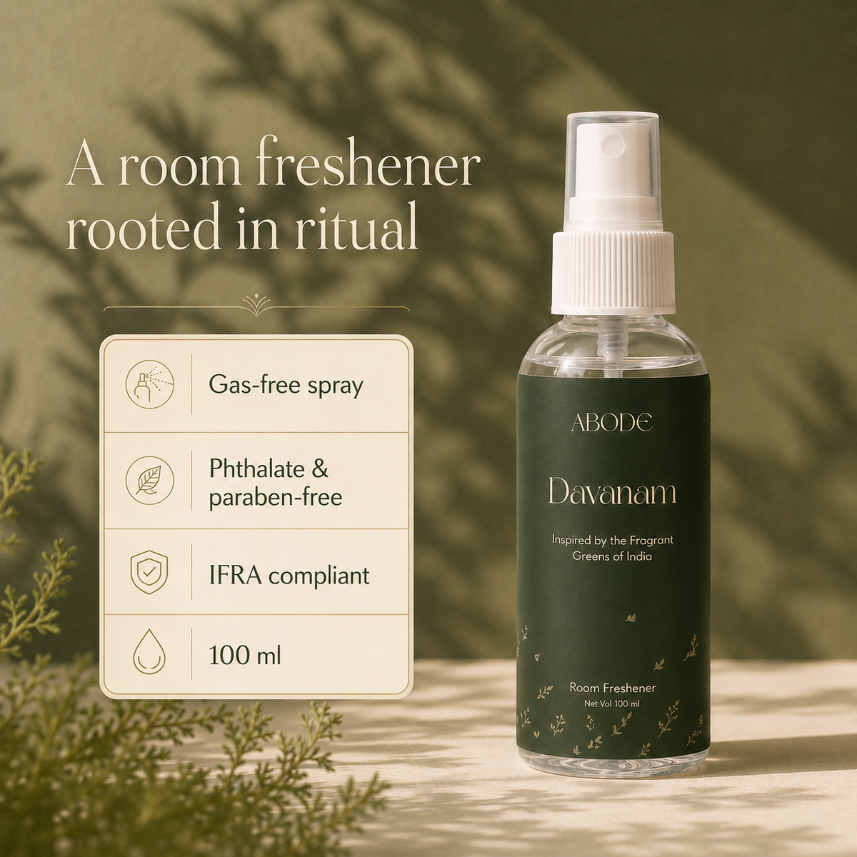 ABODE Davanam Room Freshener Spray | Inspired by Davanam, Maruvam & Temple Garlands | Green Herbal Fragrance for Pooja Room, Living Room & Bedroom | Gas-Free Spray | 100 ml