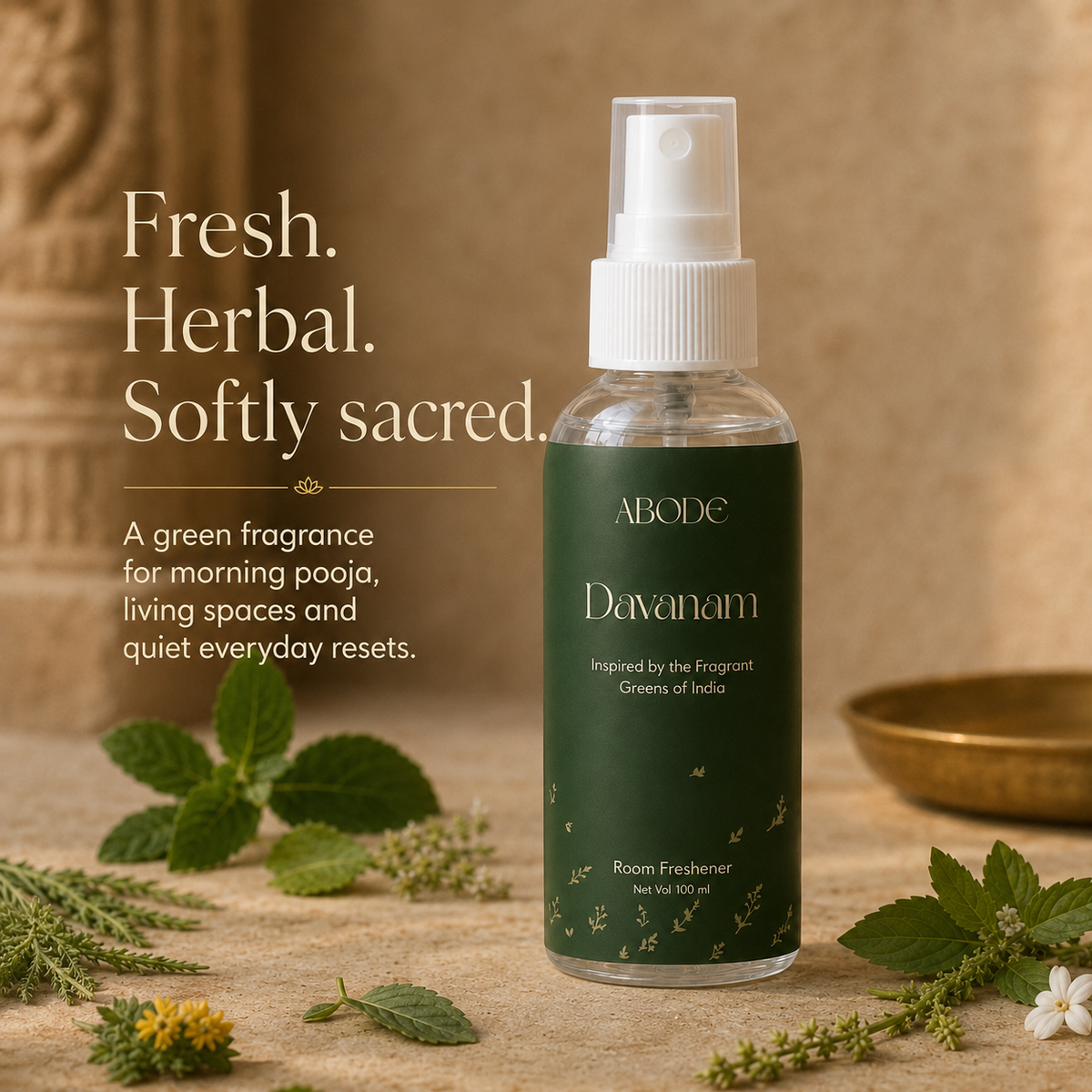 ABODE Davanam Room Freshener Spray | Inspired by Davanam, Maruvam & Temple Garlands | Green Herbal Fragrance for Pooja Room, Living Room & Bedroom | Gas-Free Spray | 100 ml