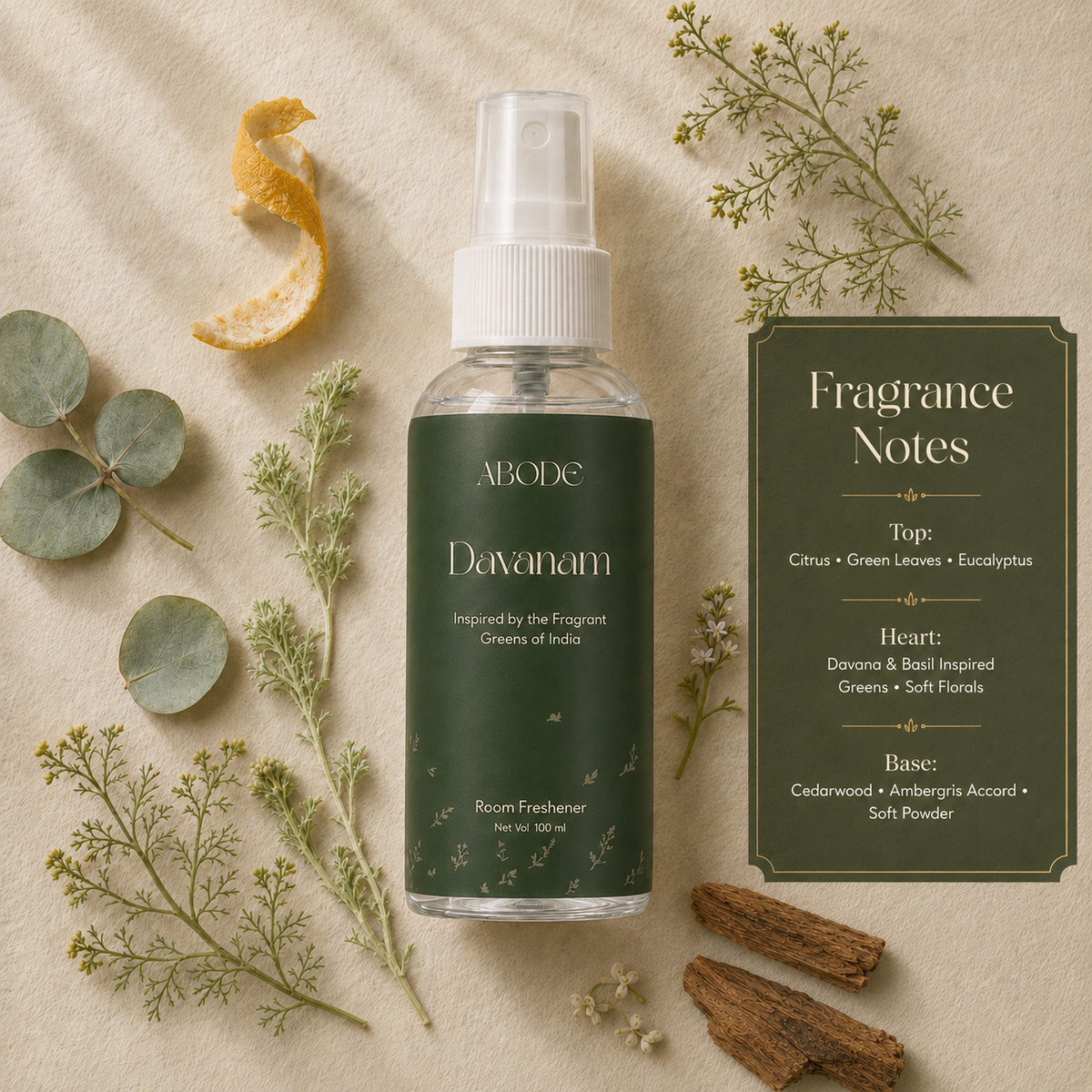 ABODE Davanam Room Freshener Spray | Inspired by Davanam, Maruvam & Temple Garlands | Green Herbal Fragrance for Pooja Room, Living Room & Bedroom | Gas-Free Spray | 100 ml