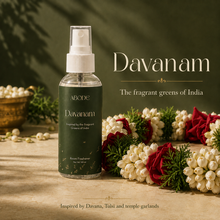ABODE Davanam Room Freshener Spray | Inspired by Davanam, Maruvam & Temple Garlands | Green Herbal Fragrance for Pooja Room, Living Room & Bedroom | Gas-Free Spray | 100 ml