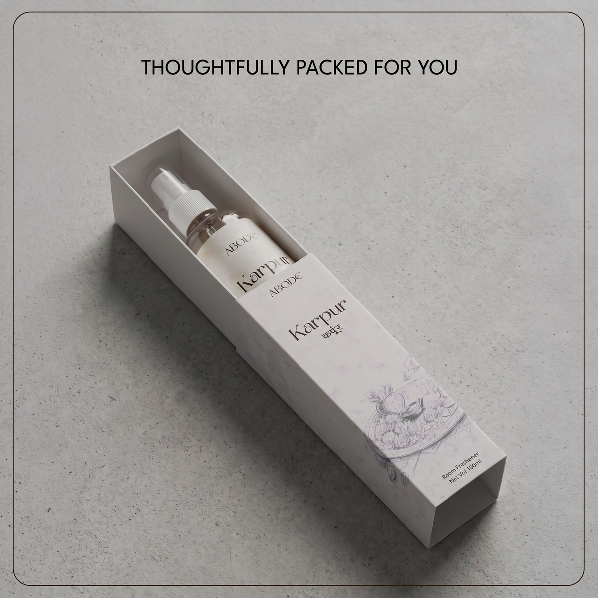 ABODE Karpur Room Freshener | 100ml | Camphor & Sandalwood Ritual Spray | Camphor Room Freshener for Home & Pooja | Smoke-Free Alternative to Camphor Cones | 100 ml