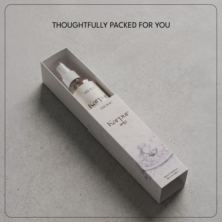 ABODE Karpur Room Freshener | 100ml | Camphor & Sandalwood Ritual Spray | Camphor Room Freshener for Home & Pooja | Smoke-Free Alternative to Camphor Cones | 100 ml