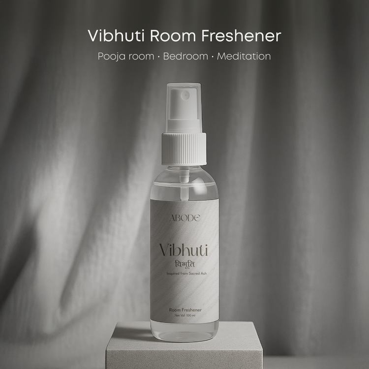 ABODE Vibhuti Room Freshener – Sacred Ash Inspired Aroma | 100ml | Non-Toxic, Gas-Free Room Spray | Temple-Inspired Purity with Herbal, Woody Notes