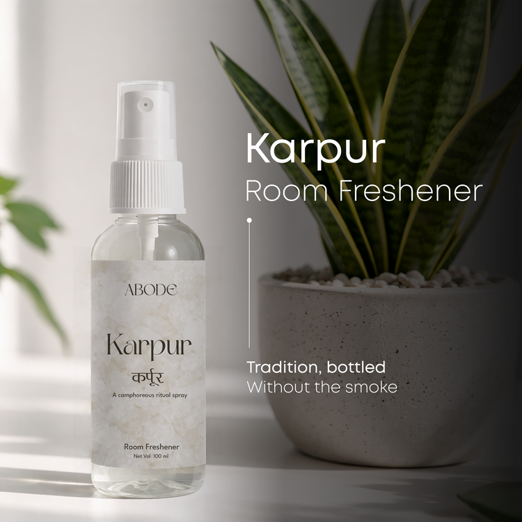 ABODE Karpur Room Freshener | 100ml | Camphor & Sandalwood Ritual Spray | Camphor Room Freshener for Home & Pooja | Smoke-Free Alternative to Camphor Cones | 100 ml