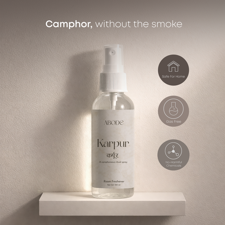 ABODE Karpur Room Freshener | 100ml | Camphor & Sandalwood Ritual Spray | Camphor Room Freshener for Home & Pooja | Smoke-Free Alternative to Camphor Cones | 100 ml